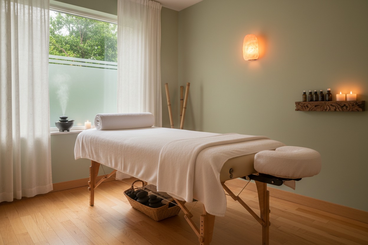 Une table de massage recouverte de draps blancs est installée dans une salle de soins apaisante avec des bougies et un diffuseur d'huiles essentielles.