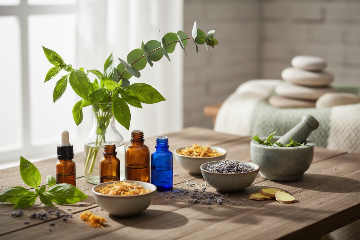 Des flacons d'huiles essentielles, des plantes fraîches et des bols d'herbes séchées sont disposés sur une table en bois dans un espace de détente.