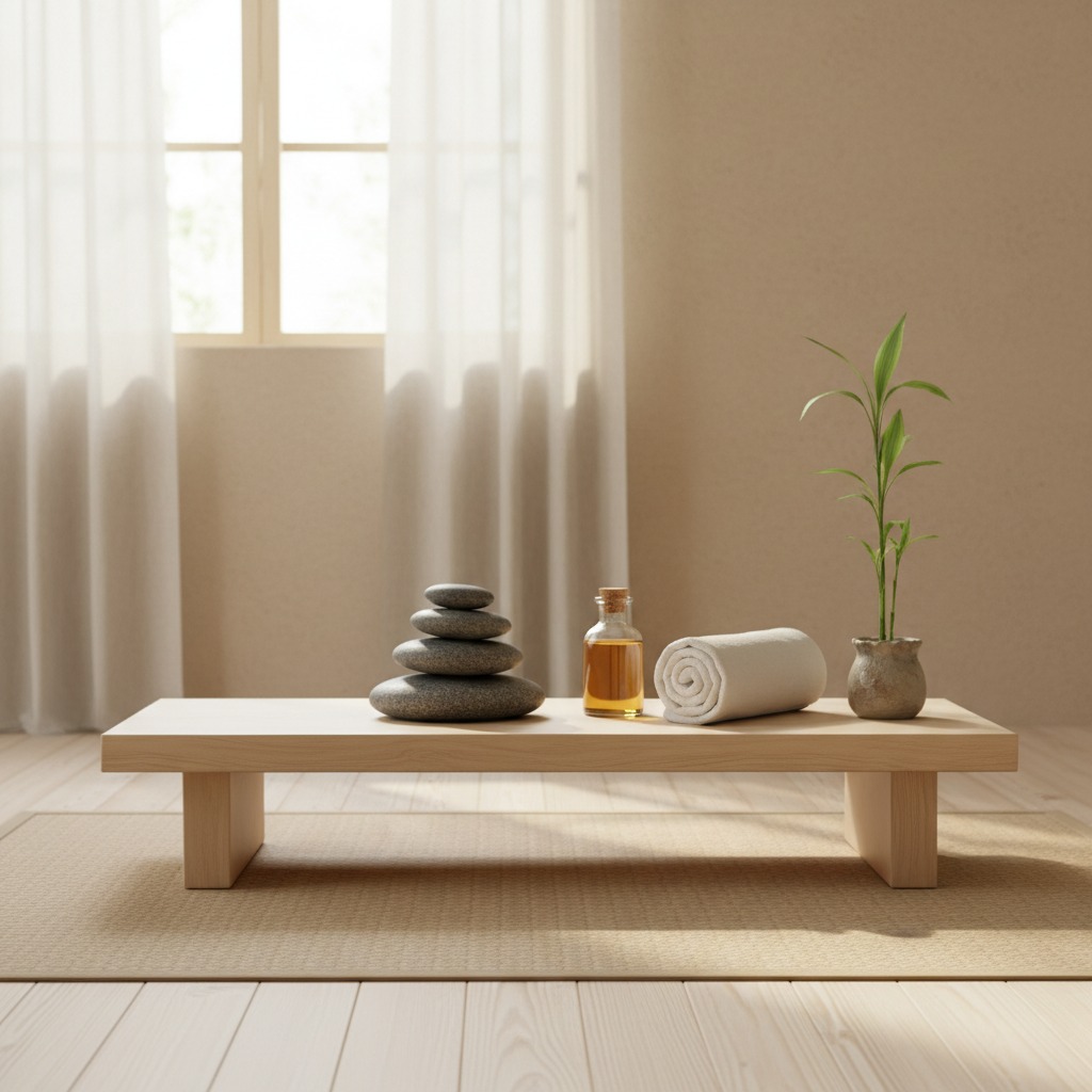 Des pierres empilées, une bouteille d'huile, une serviette roulée et une plante sont disposées sur une table basse en bois devant une fenêtre.
